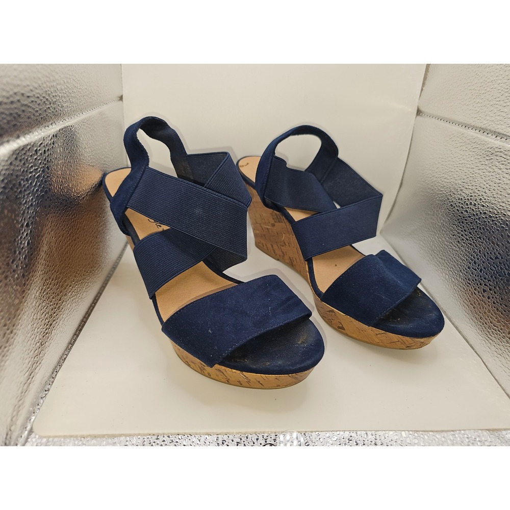 American Eagle Navy Blue Elastic Strap Cork Wedge Sandals Women 7